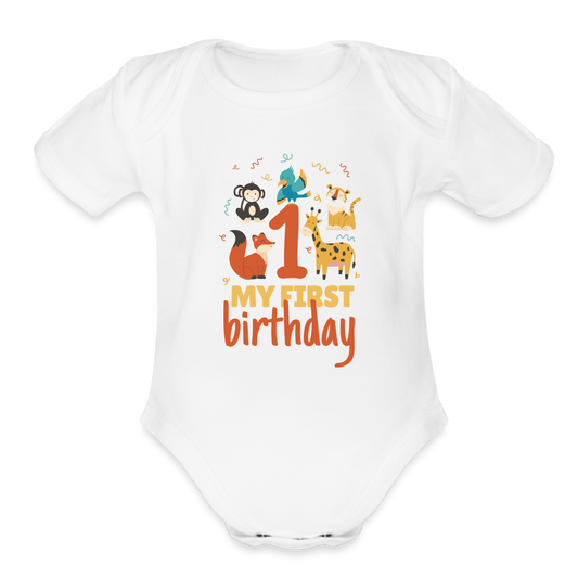 My First Birthday Organic Short Sleeve Baby Bodysuit - white
