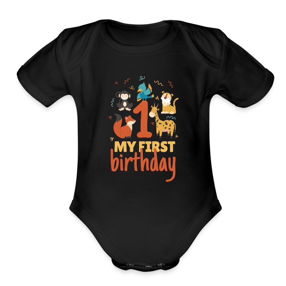 My First Birthday Organic Short Sleeve Baby Bodysuit - black